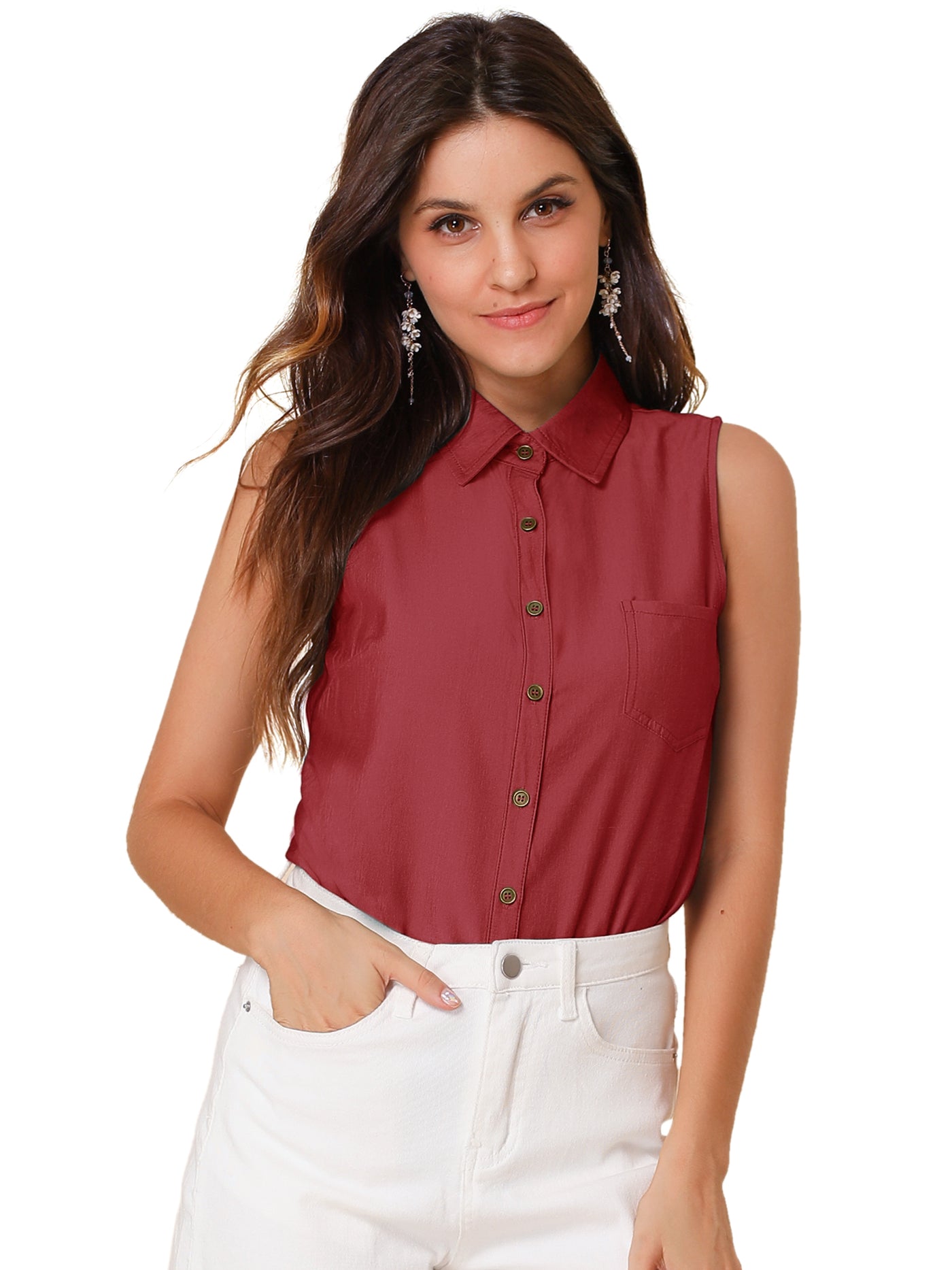 Allegra K Lapel Single Breasted Casual Office Sleeveless Shirt