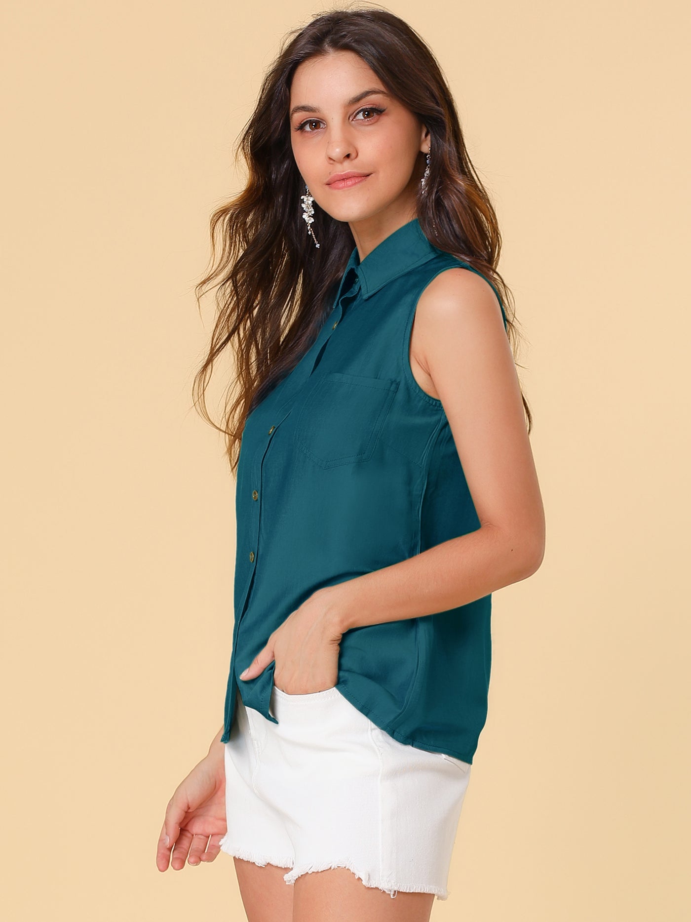 Allegra K Lapel Single Breasted Casual Office Sleeveless Shirt