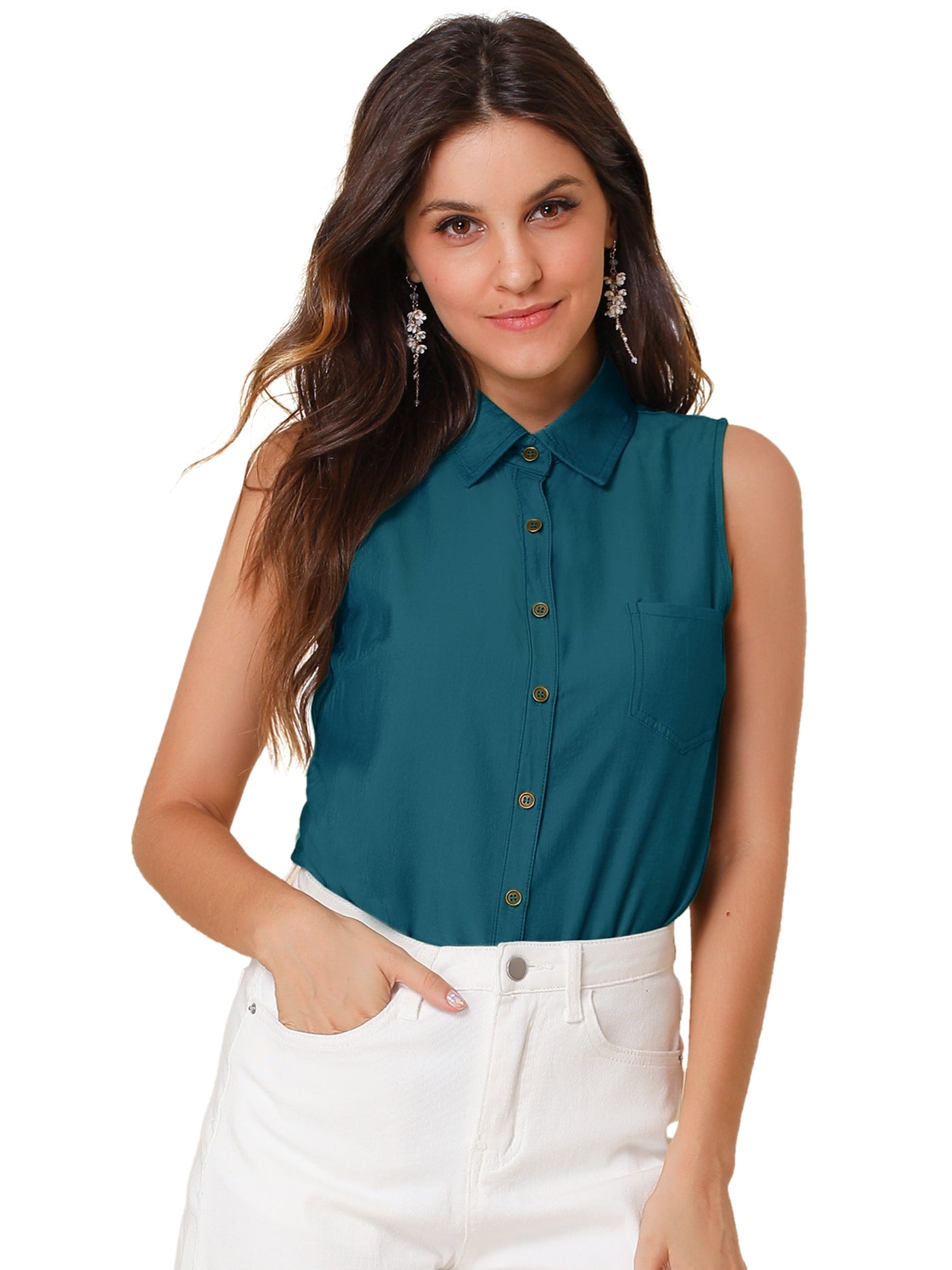 Allegra K Lapel Single Breasted Casual Office Sleeveless Shirt