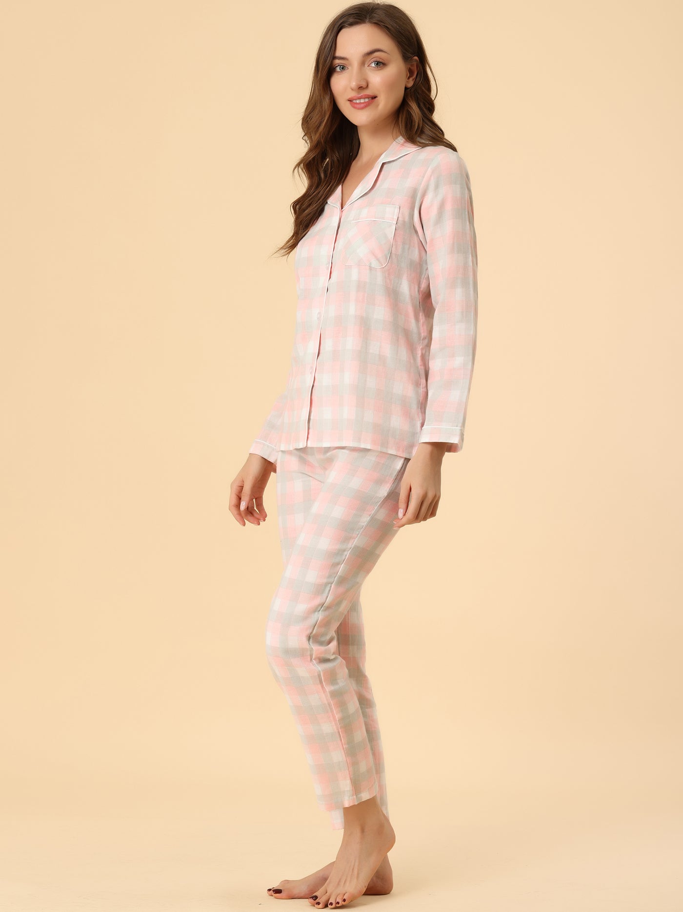 Allegra K Sleepwear Pajama Night Suit Plaid Button Down Lounge Set