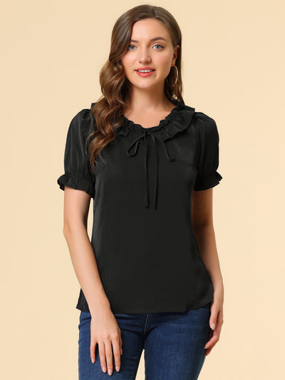 Ruffle Tie V NeckPuff Sleeve Ruffle Cuff Casual Blouse