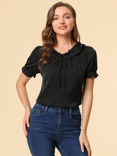 Ruffle Tie V NeckPuff Sleeve Ruffle Cuff Casual Blouse