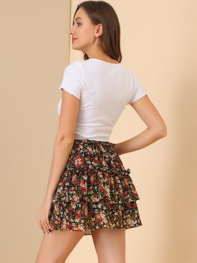 Layered Ruffle Hem Elastic Waist A-Line Skater Floral Mini Skirt