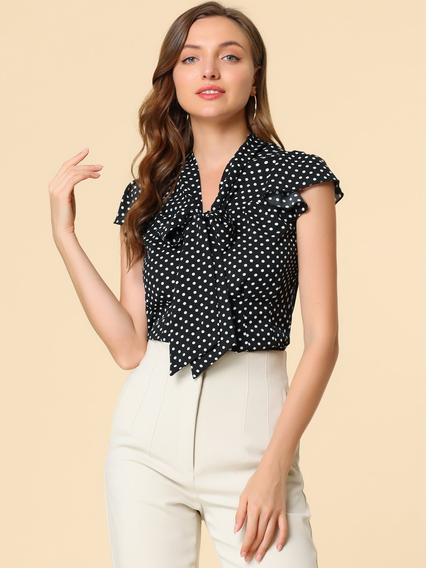 Allegra K Summer Polka Dots Top Bow Tie V Neck Ruffled Cap Sleeve Office Blouse