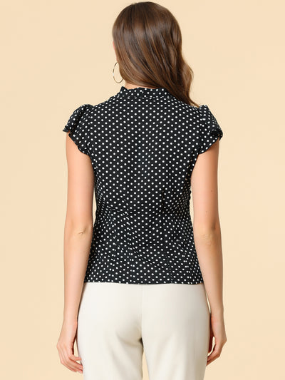 Summer Polka Dots Top Bow Tie V Neck Ruffled Cap Sleeve Office Blouse