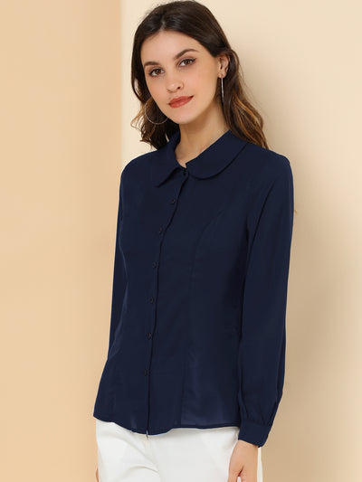 Button Up Peter Pan Collar Long Bishop Sleeve Blouse