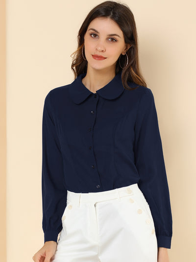 Button Up Peter Pan Collar Long Bishop Sleeve Blouse