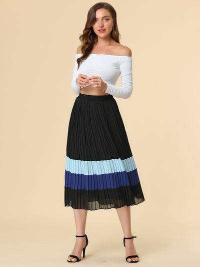 Summer Elastic Waist Color Block A-Line Pleated Chiffon Midi Skirt