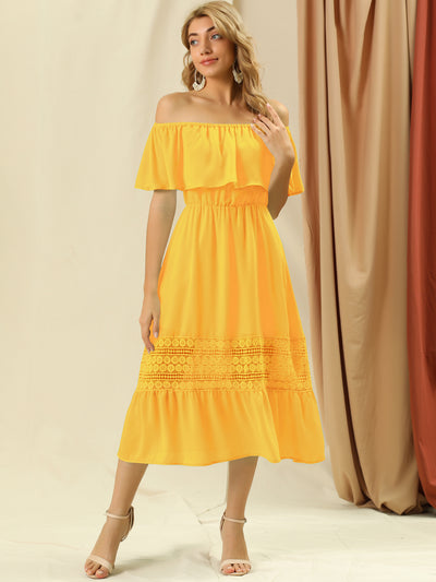 Off The Shoulder Ruffle Lace Insert Beach Party Midi Dress