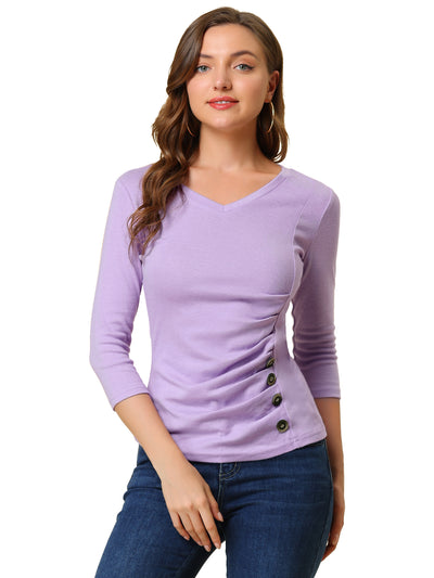 3/4 Sleeve Solid Knitted Button Decor Ruched Blouse