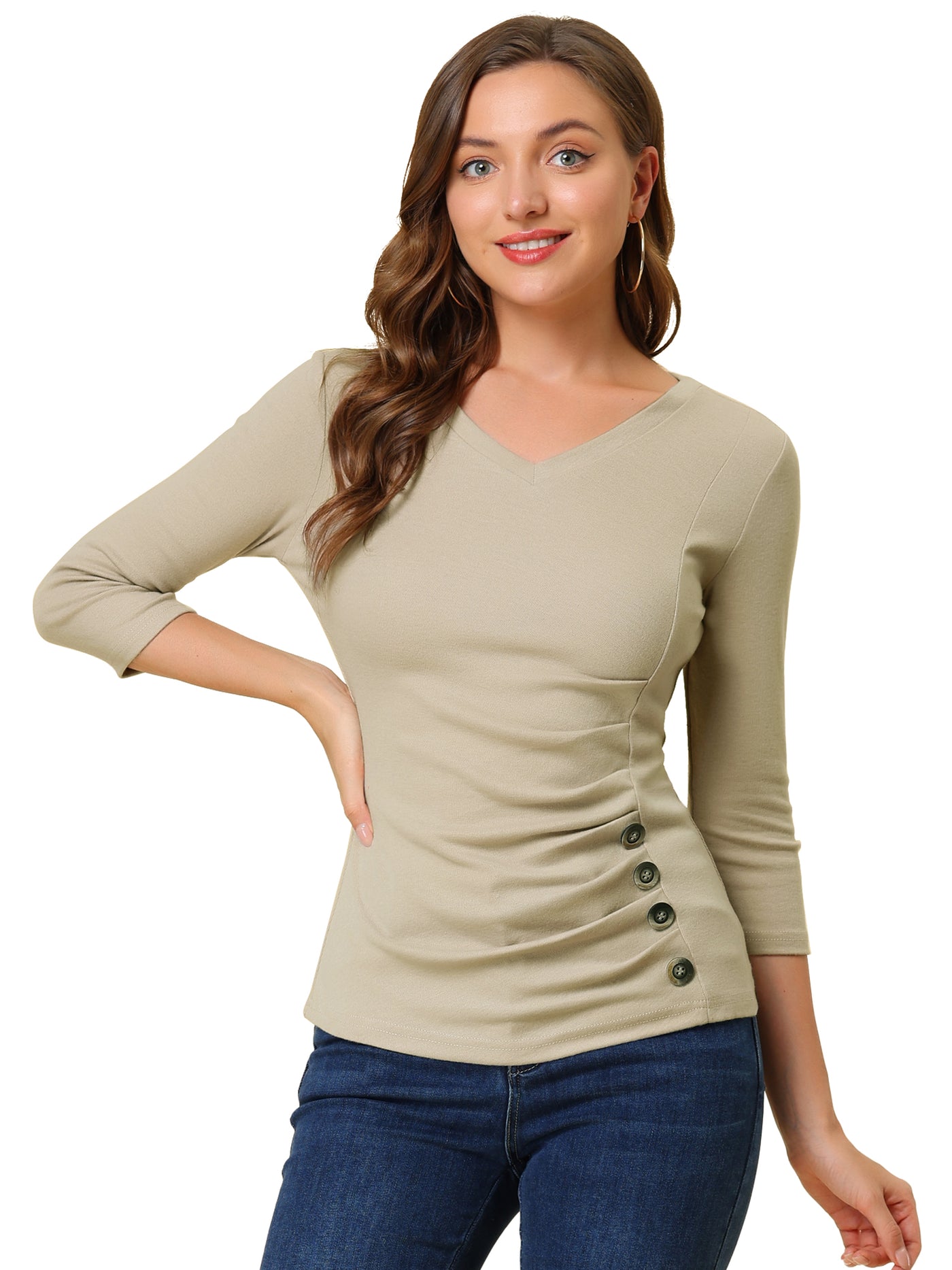 Allegra K 3/4 Sleeve Solid Knitted Button Decor Ruched Blouse