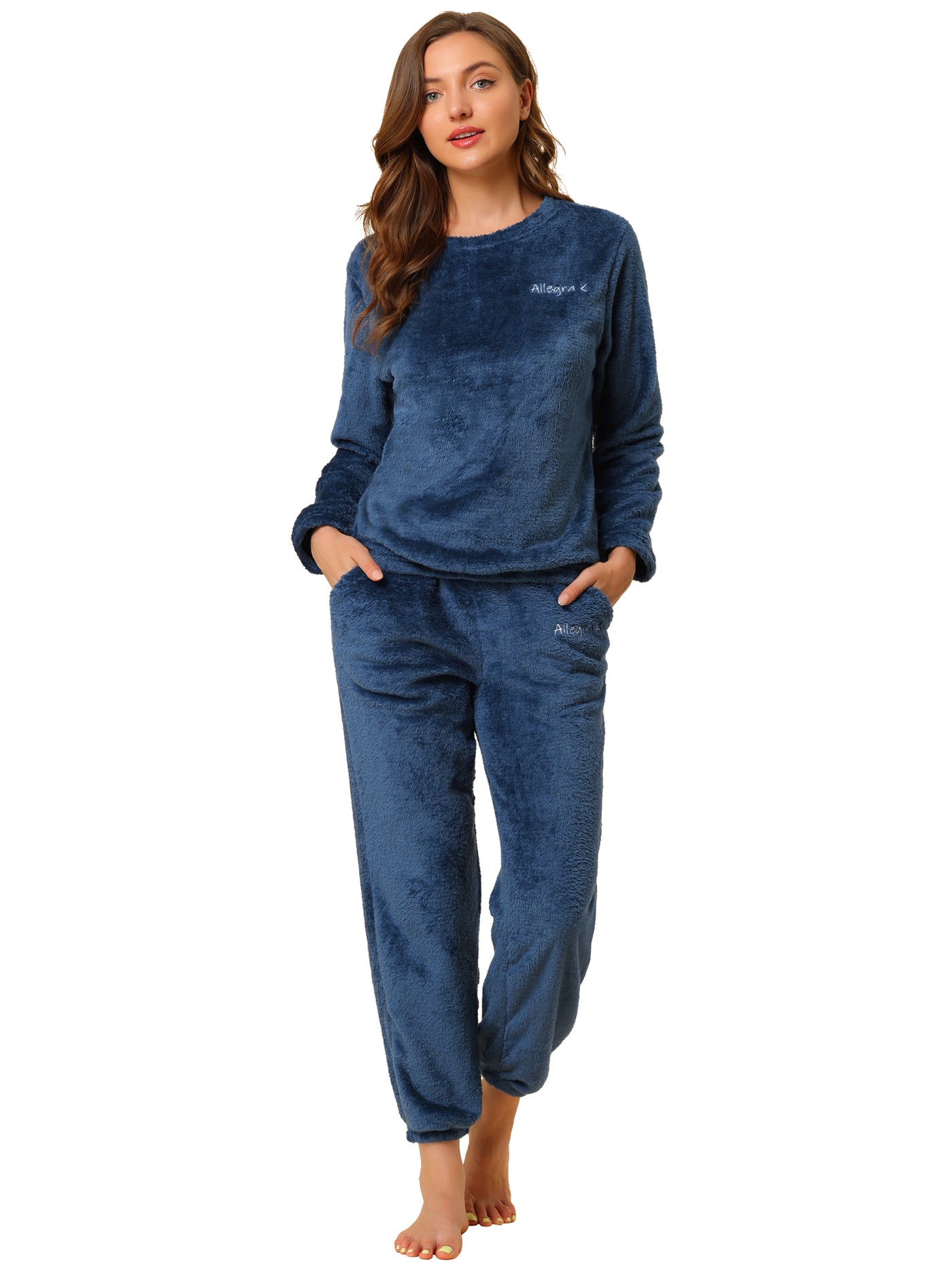 Allegra K Sleepwear Flannel Nightwear Winter Top Pants Pajamas Set