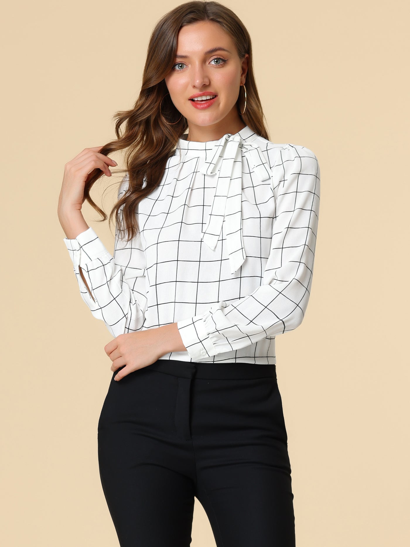 Allegra K Bow Tie Neck Grid Checks Shirt Office Work Tops Blouse