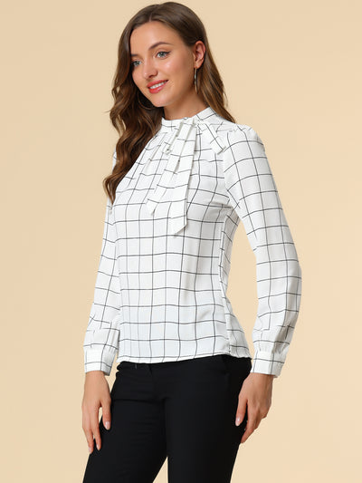 Bow Tie Neck Grid Checks Shirt Office Work Tops Blouse