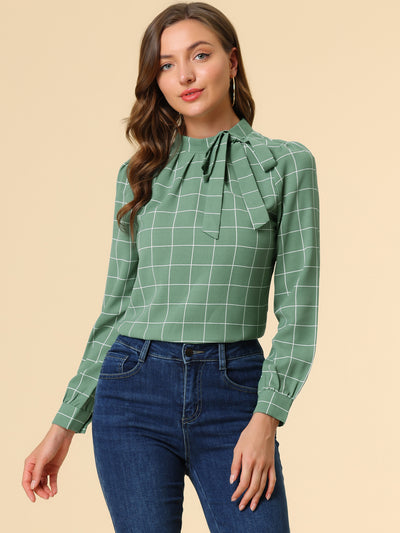 Bow Tie Neck Grid Checks Shirt Office Work Tops Blouse