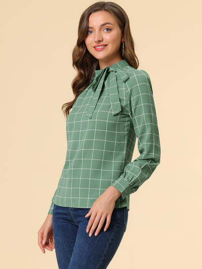 Bow Tie Neck Grid Checks Shirt Office Work Tops Blouse
