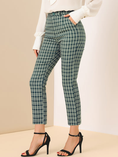 Plaid High Waist Elastic Back Office Work Ankle Pants