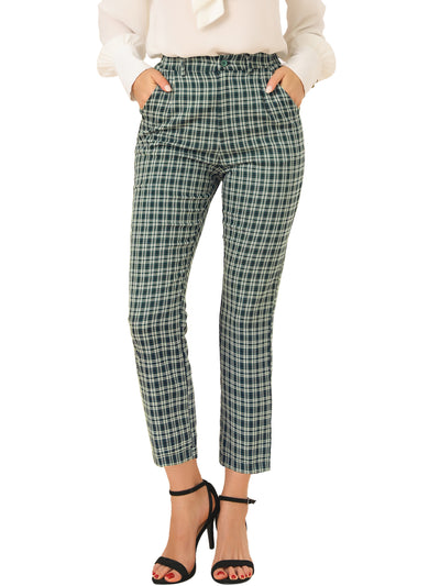 Plaid High Waist Elastic Back Office Work Ankle Pants