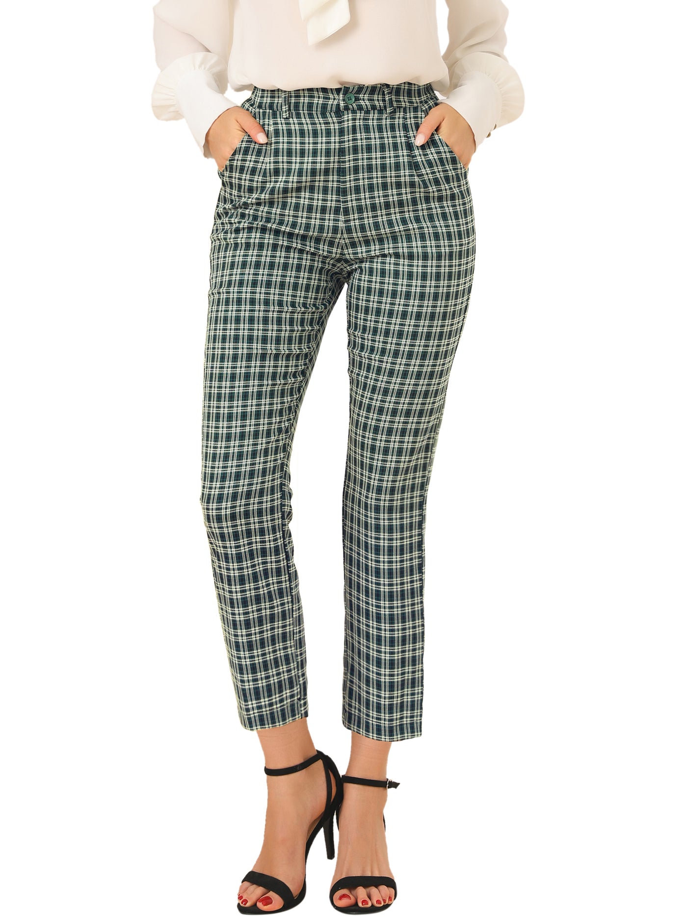 Allegra K Plaid High Waist Elastic Back Office Work Ankle Pants