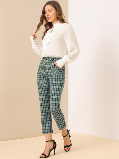 Plaid High Waist Elastic Back Office Work Ankle Pants