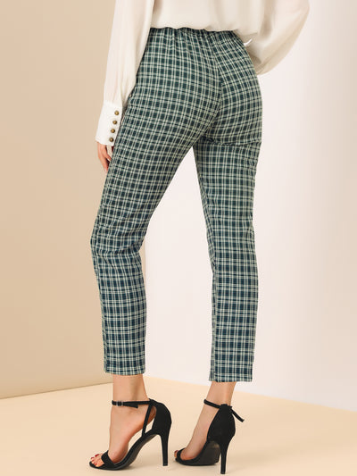 Plaid High Waist Elastic Back Office Work Ankle Pants