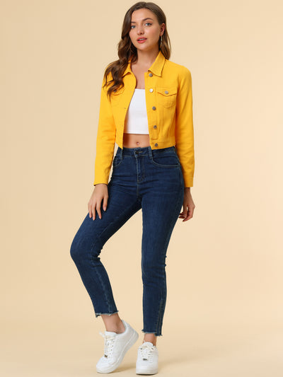 Button Down Long Sleeve Casual Cropped Denim Jacket