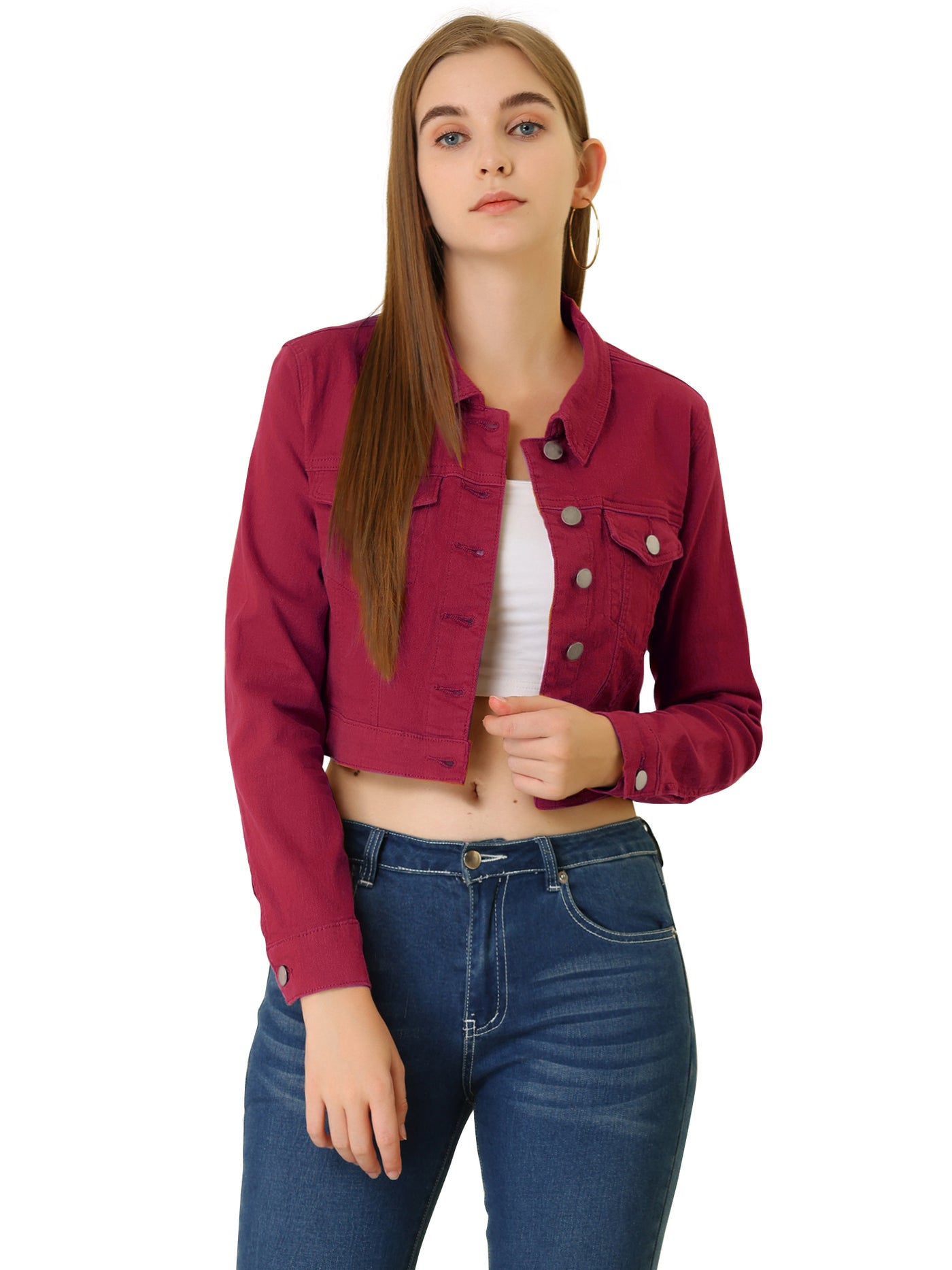 Allegra K Casual Cropped Button Down Long Sleeve Basic Jean Denim Jacket