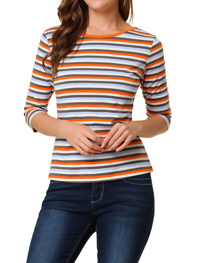 Elbow Sleeve Round Neck Casual Striped T-Shirt