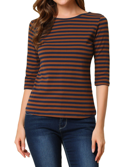 Striped Elbow Sleeve Round Neck Casual T-Shirt