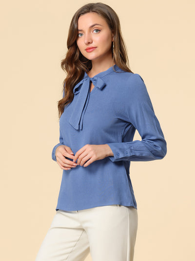 Bow Tie Neck Elegant Top Long Sleeve Solid Work Office Blouse