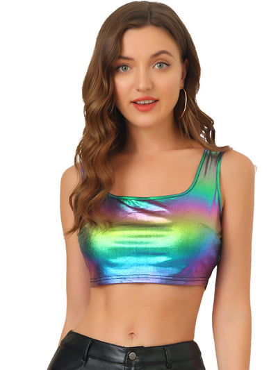 Sleeveless U Neck Party Holographic Shiny Metallic Crop Top