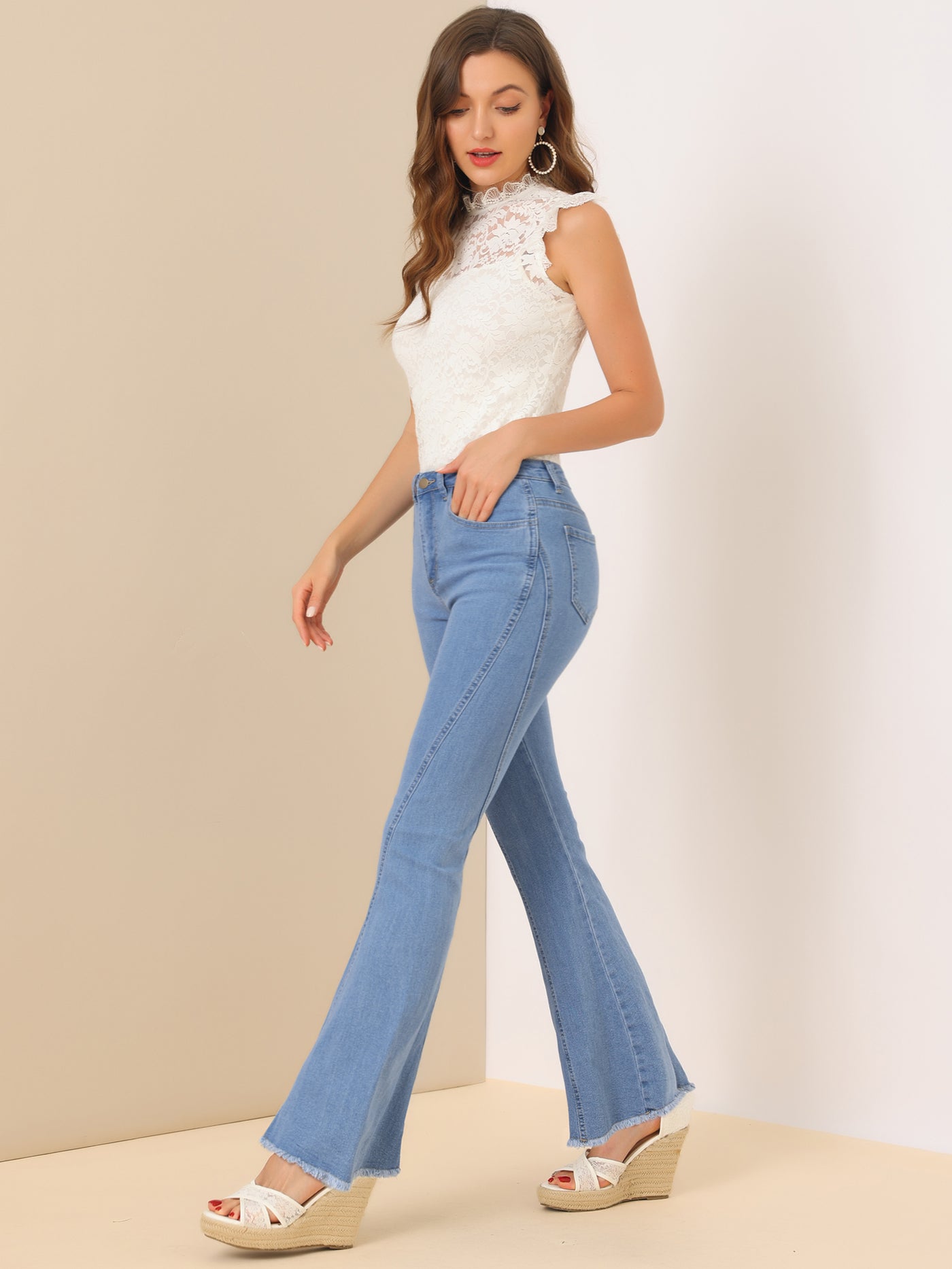 Allegra K High Waist Stretch Denim Long Bell Pants Flare Jeans