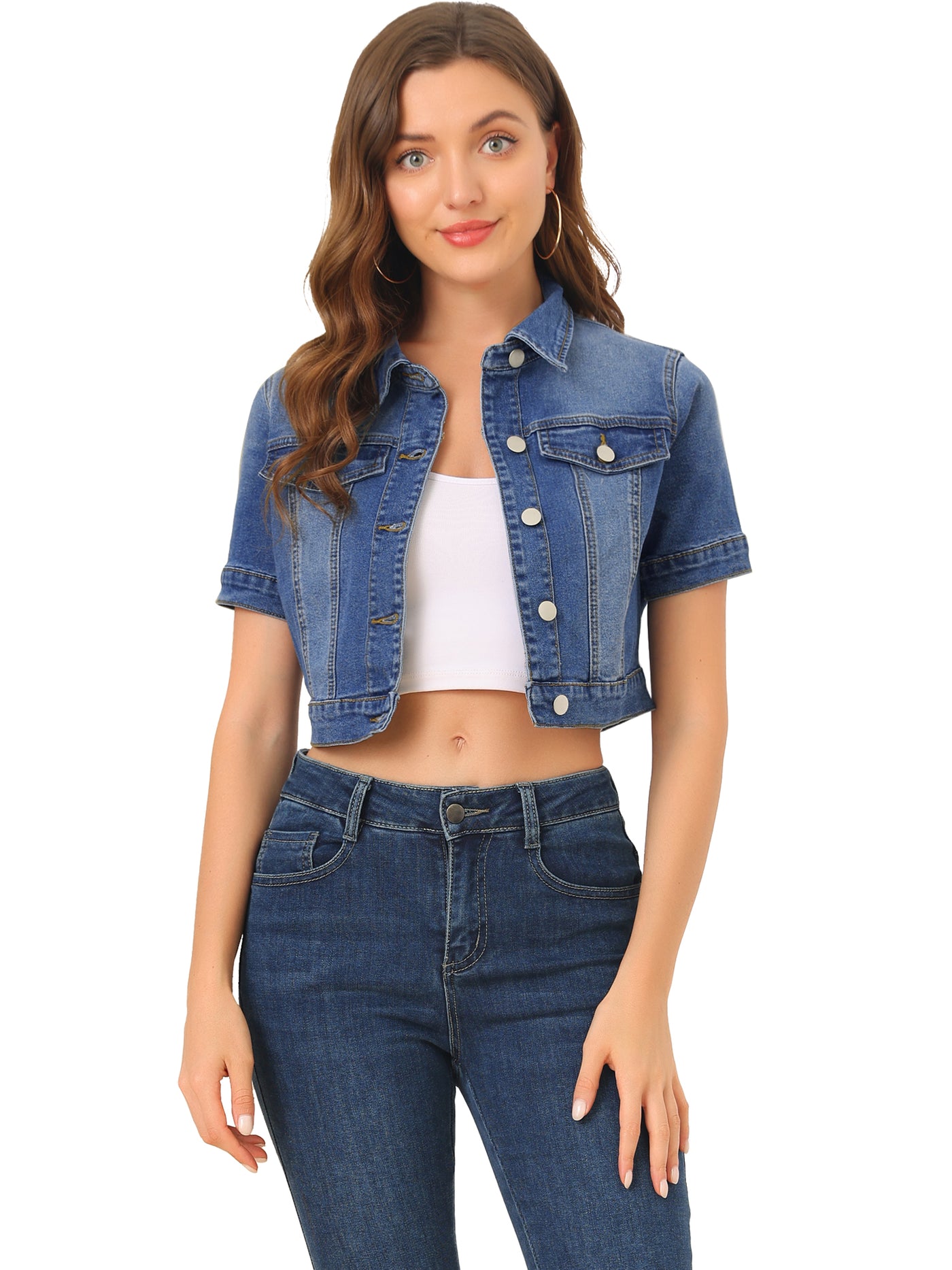 Allegra K Casual Lapel Short Sleeve Crop Top Jean Denim Jacket