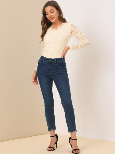 Floral Embroidery Sheer Long Sleeve Lace Blouse Top