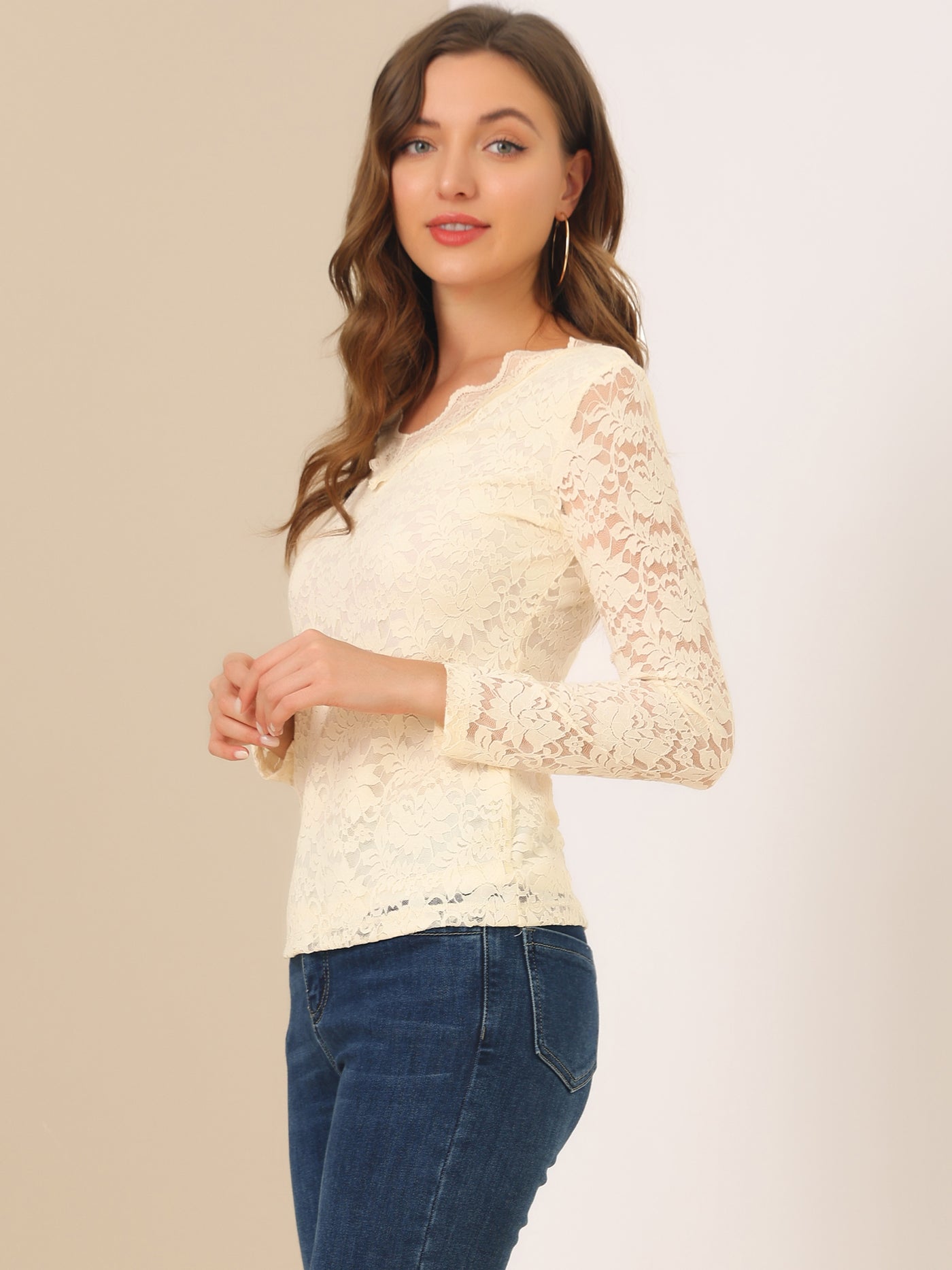 Allegra K Floral Embroidery Sheer Long Sleeve Lace Blouse Top