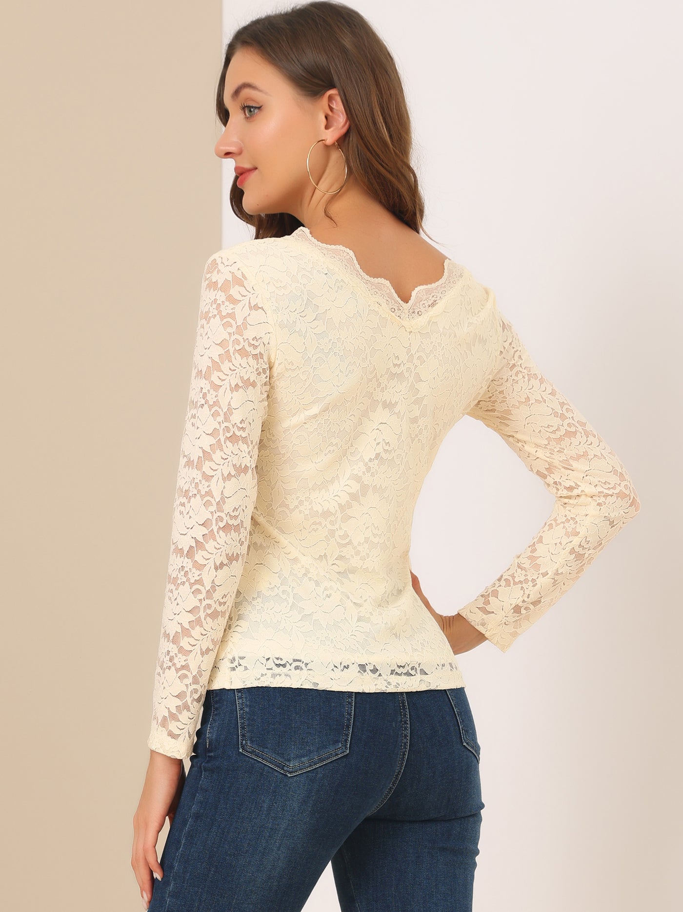 Allegra K Floral Embroidery Sheer Long Sleeve Lace Blouse Top