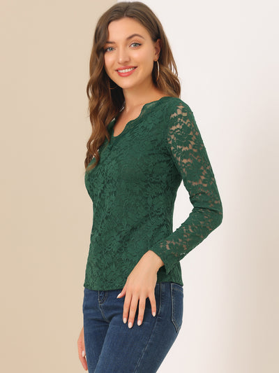 Floral Embroidery Sheer Long Sleeve Lace Blouse Top