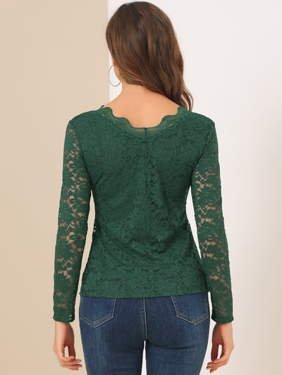 Floral Embroidery Sheer Long Sleeve Lace Blouse Top