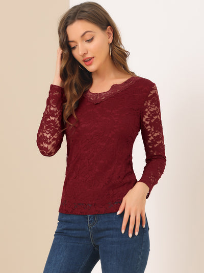 Floral Embroidery Sheer Long Sleeve Lace Blouse Top