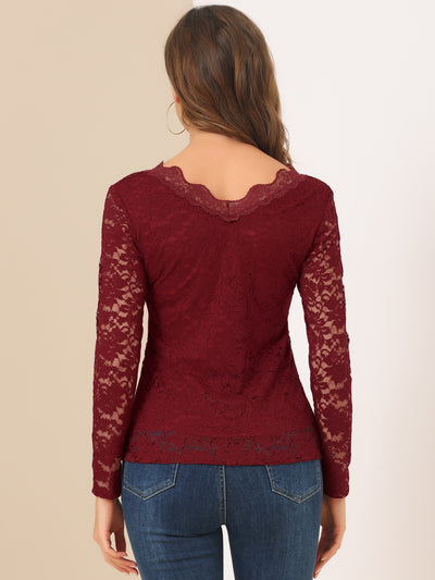 Floral Embroidery Sheer Long Sleeve Lace Blouse Top