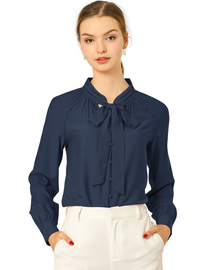 Office Long Sleeve Button Decor Elegant Bow Tie Neck Blouse