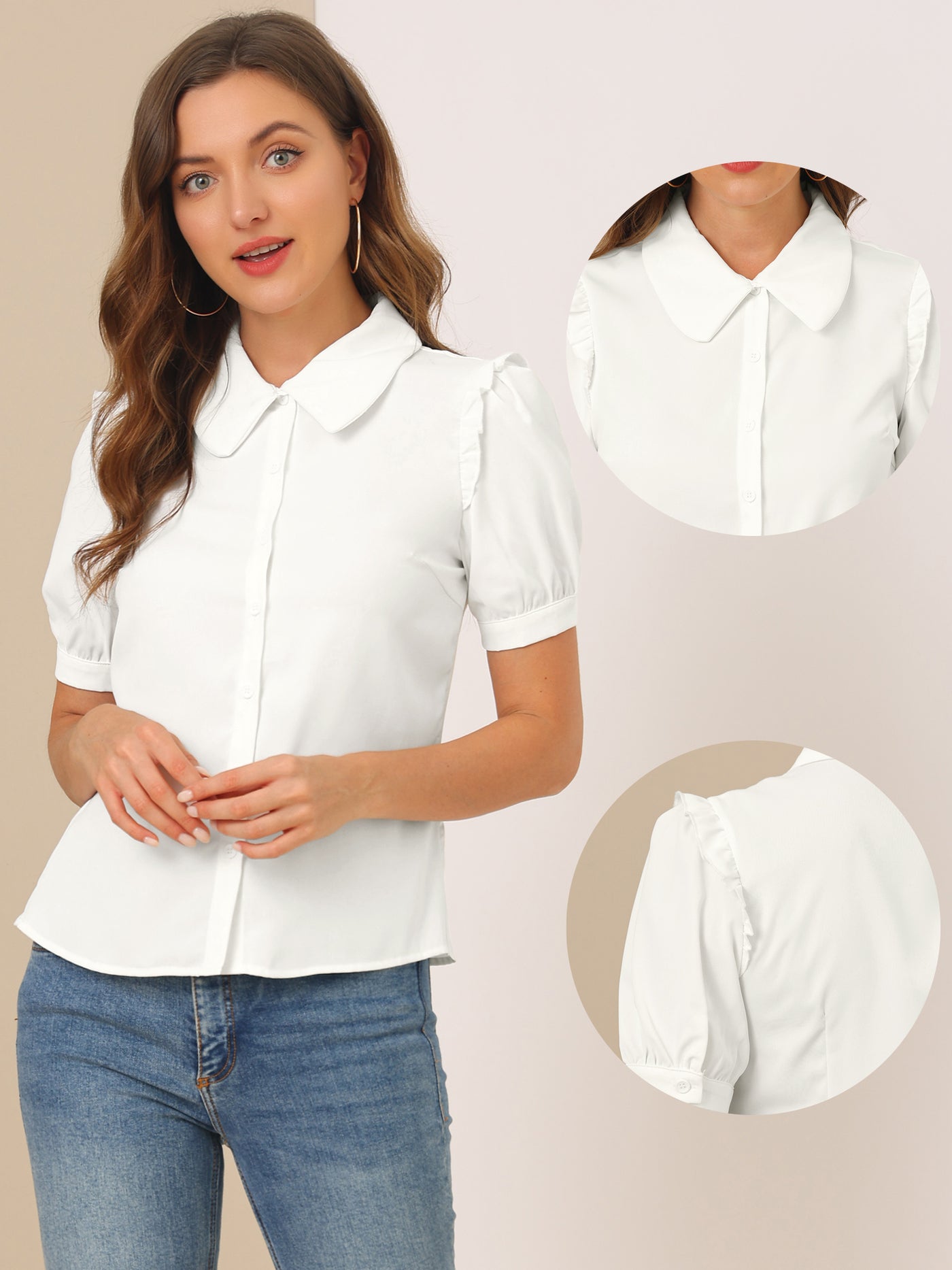 Allegra K Work Collared Peter Pan Collar Short Sleeve Button Front Shirt