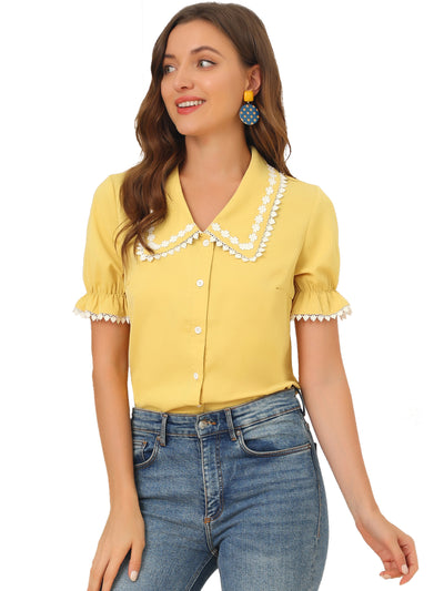 Sweet Peter Pan Contrast Collar Short Sleeve Button Up Blouse Tops