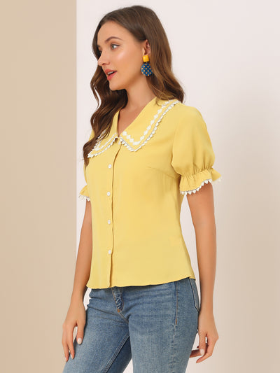 Sweet Peter Pan Contrast Collar Short Sleeve Button Up Blouse Tops