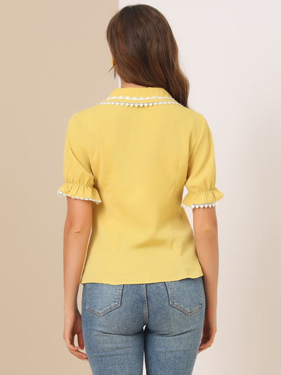 Sweet Peter Pan Contrast Collar Short Sleeve Button Up Blouse Tops