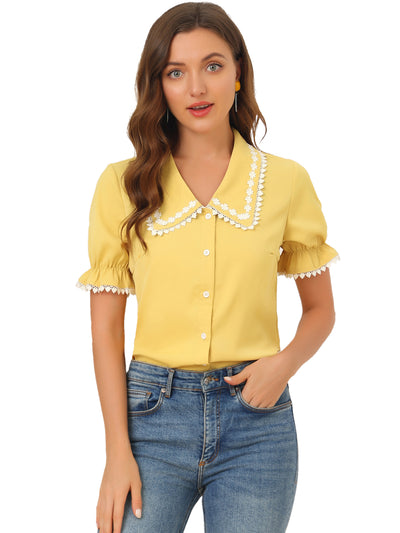 Sweet Peter Pan Contrast Collar Short Sleeve Button Up Blouse Tops