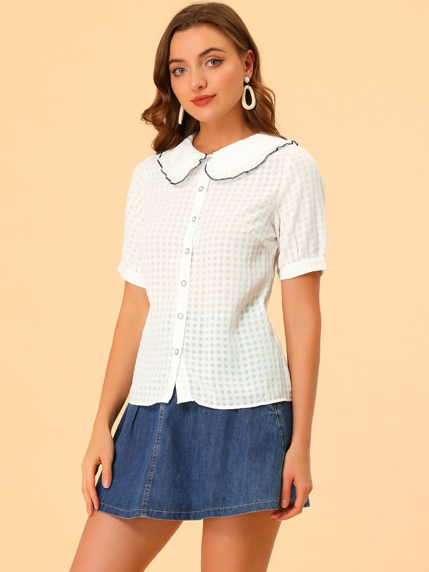 Allegra K Peter Pan Collar Contrast Color Trim Gingham Button Up Blouse Shirt