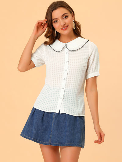 Peter Pan Collar Contrast Color Trim Gingham Button Up Blouse Shirt