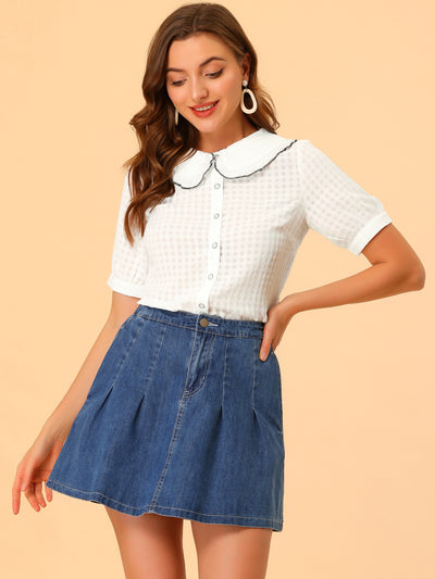 Peter Pan Collar Contrast Color Trim Gingham Button Up Blouse Shirt