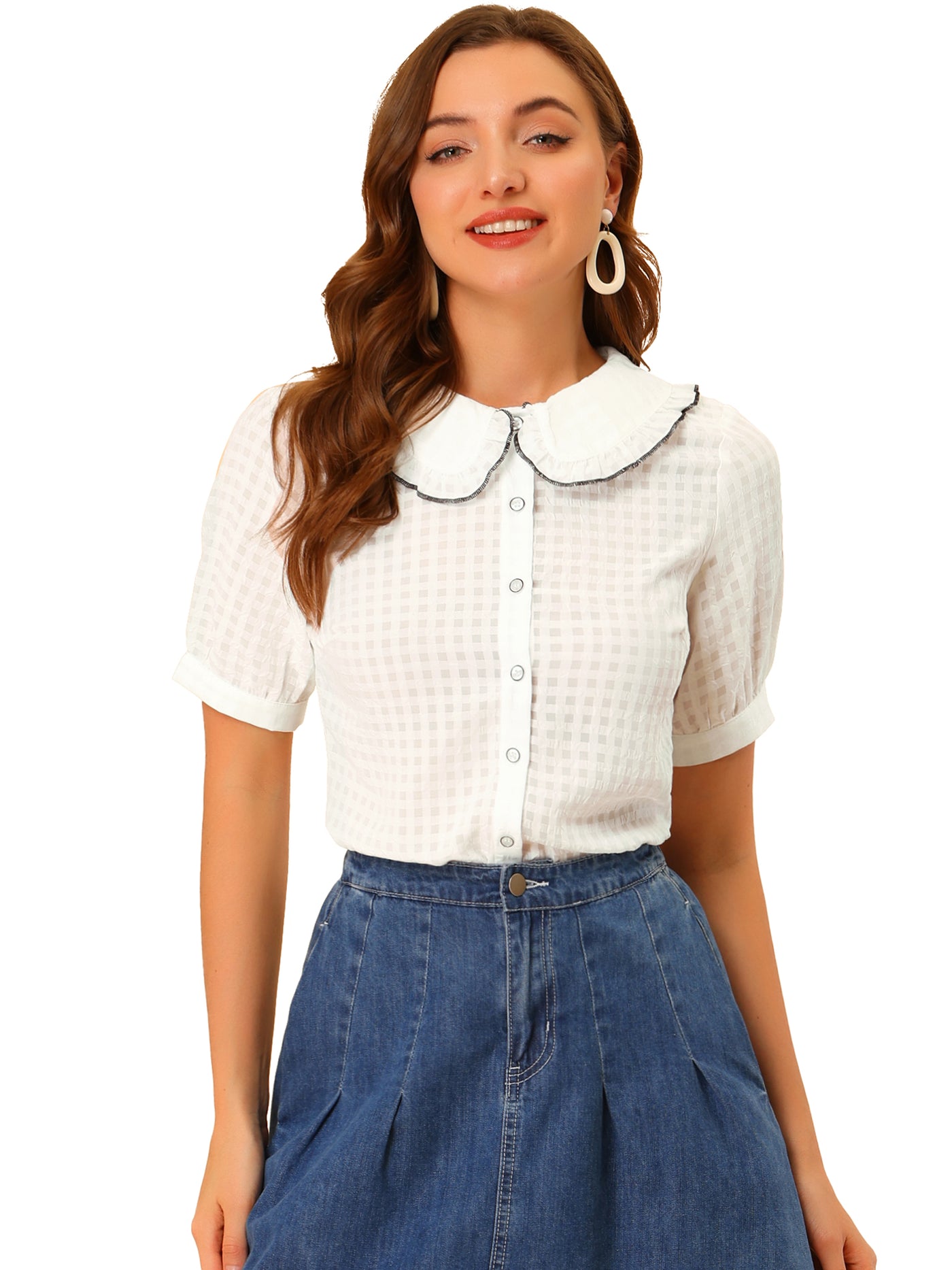 Allegra K Peter Pan Collar Contrast Color Trim Gingham Button Up Blouse Shirt